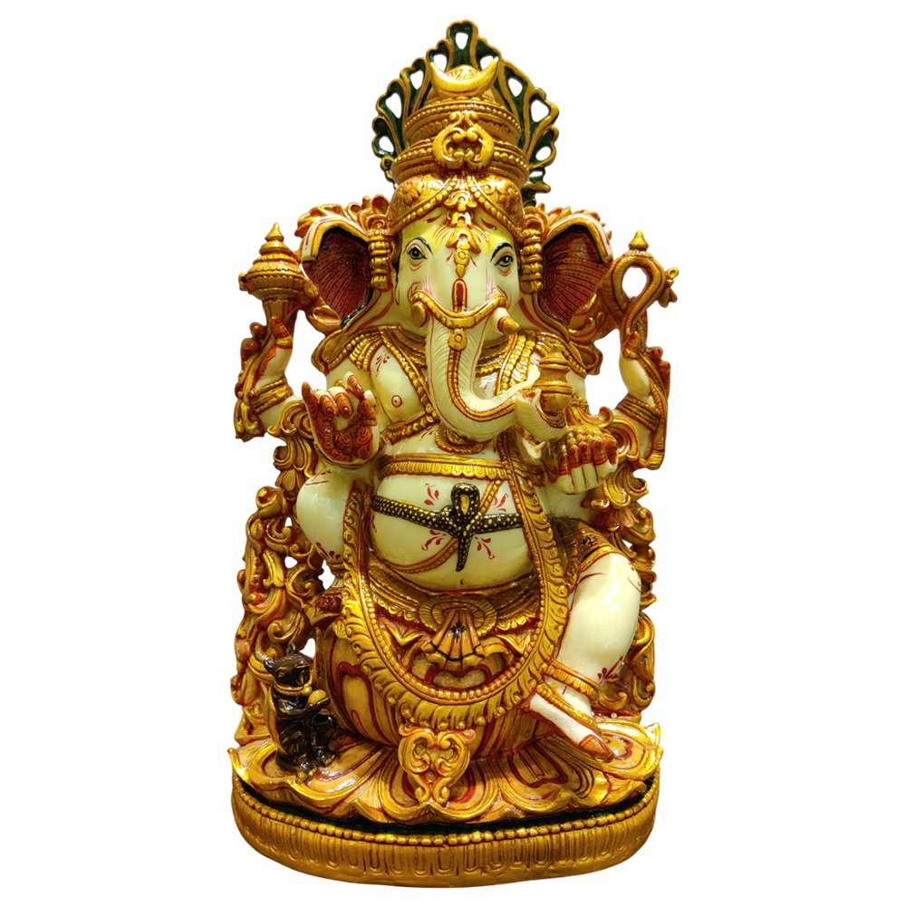 Lord Ganesh Statues Sitting on Lotus Gold Paint in Culture Marble