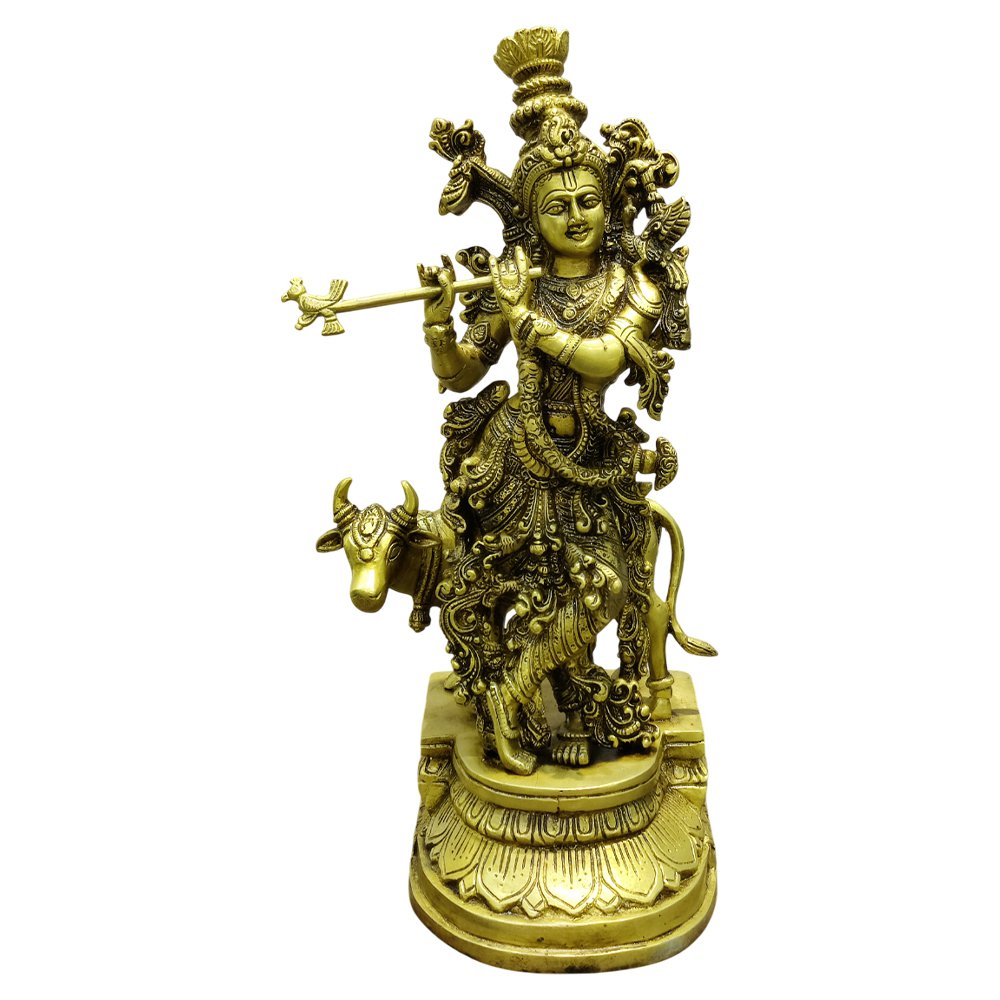 Lord Krishna Playing Flute with Kamdhenu Antique Brass Statue
