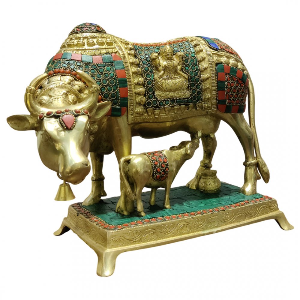Brass Kamadhenu Cow with Calf Wish-Fulfilling Divine Cow