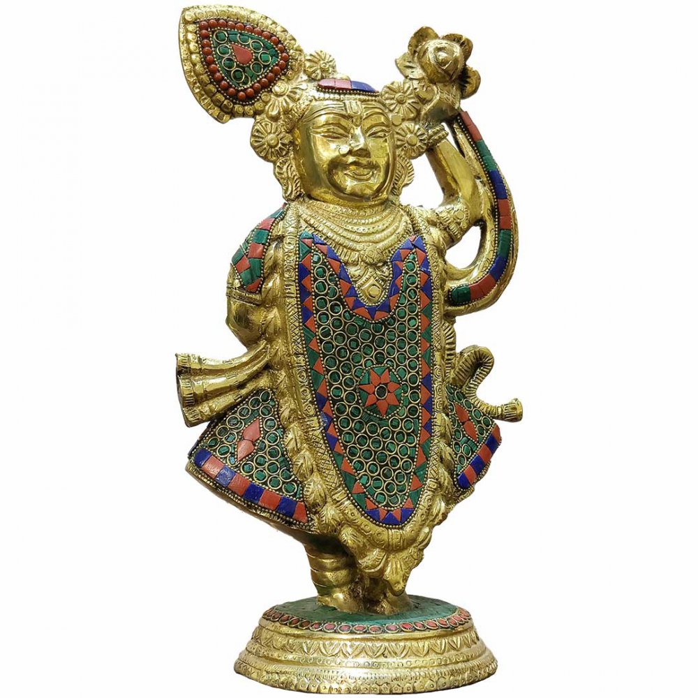 Brass Idol of Lord Krishna as Shrinathji with Stone Inlay