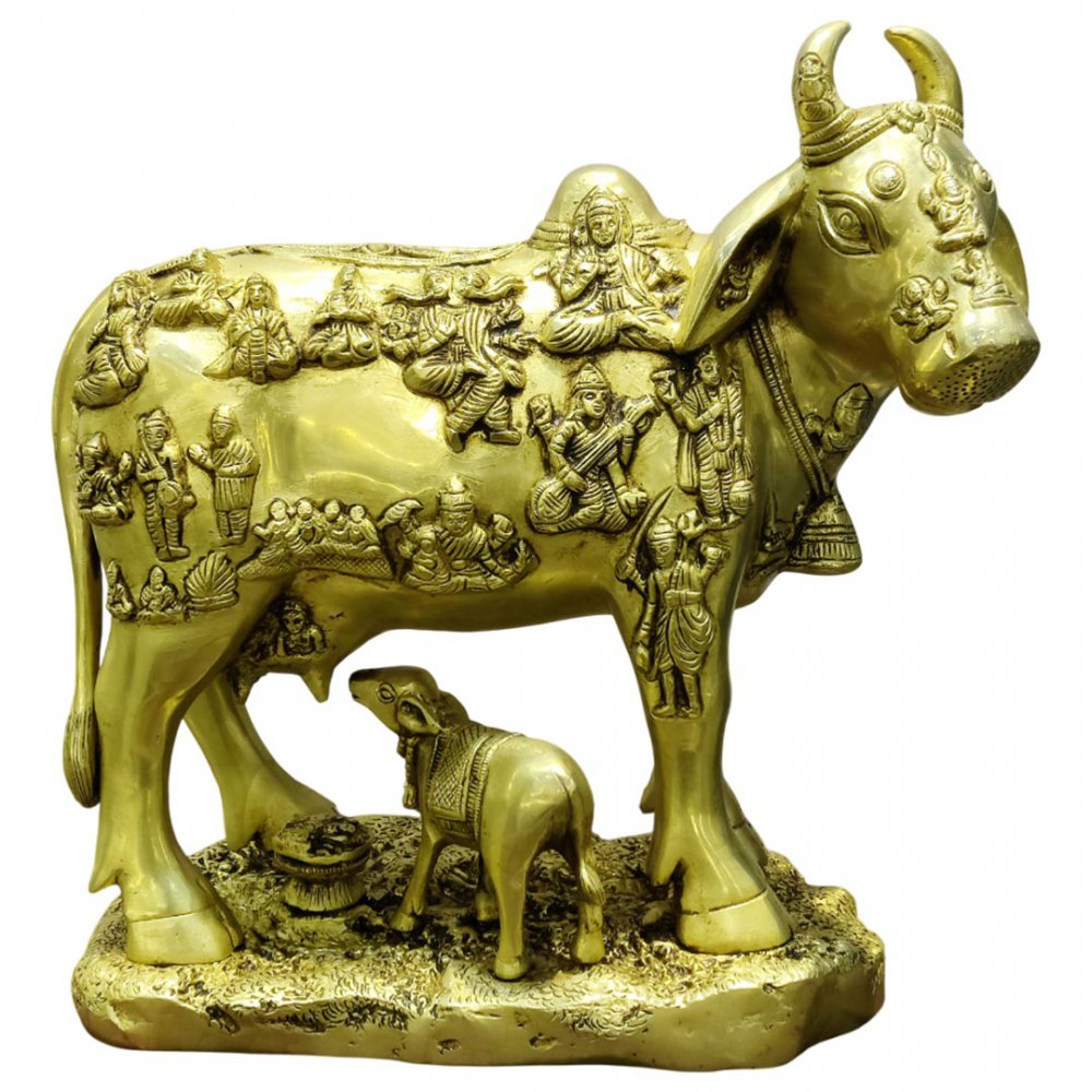 Brass Kamdhenu Cow and Calf Idol with Deities Sacred Vastu Showpiece