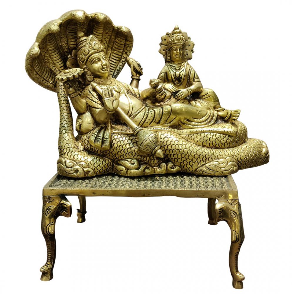 Brass Vishnu Lakshmi Idol on Sheshnag with Chowki Divine Lakshmi Narayan Statue for Home Temple Decor