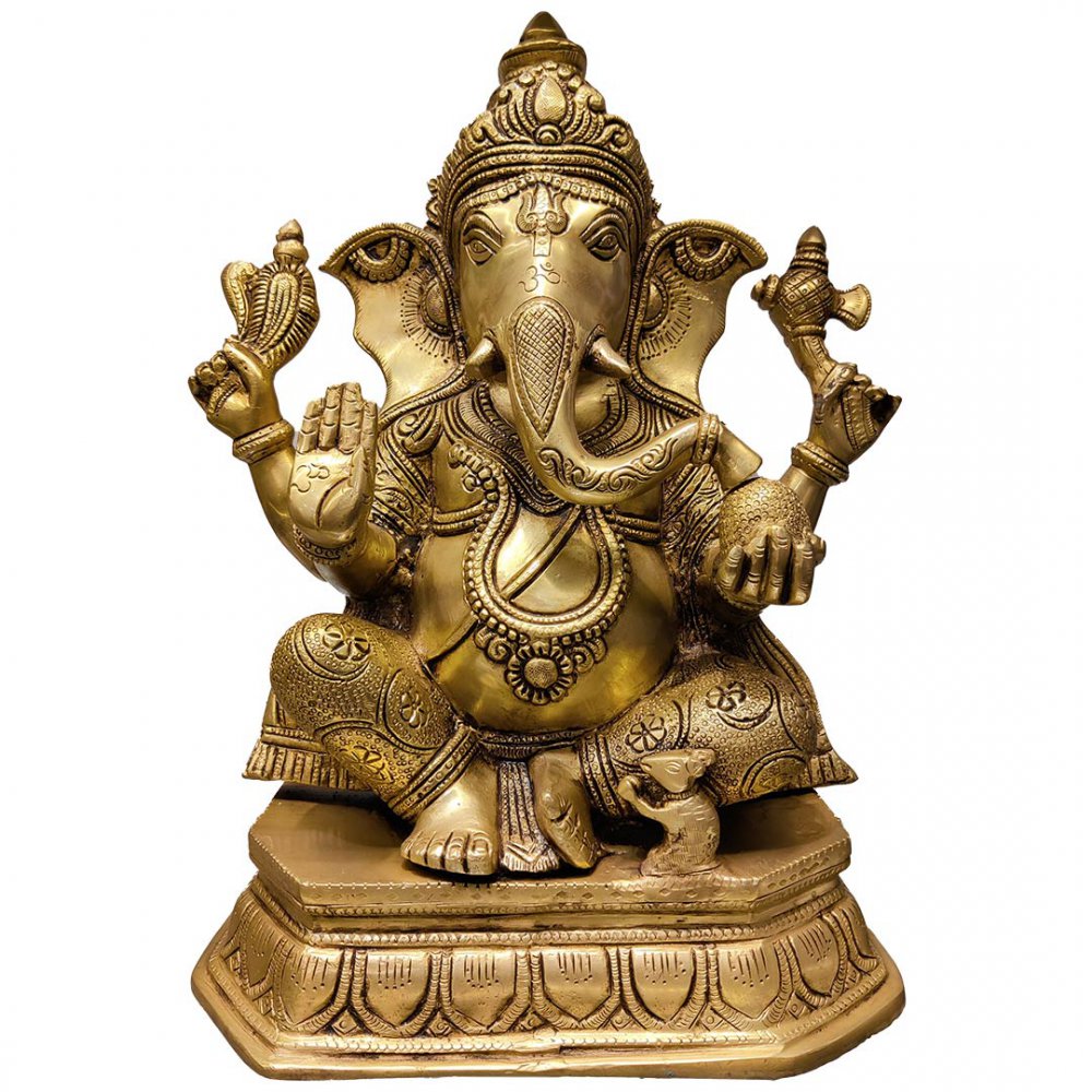 Large Seated Brass Ganesha with Mouse
