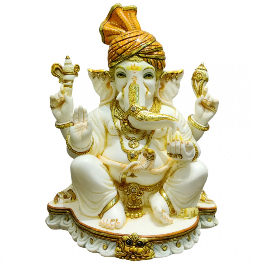 Elegant White Ganesha Statue with Golden Accents and Turban