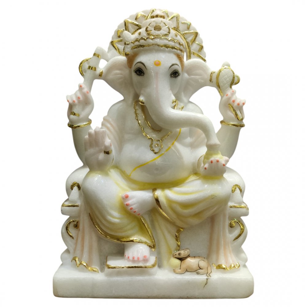 Radiant White Marble Ganesha with Golden Crown