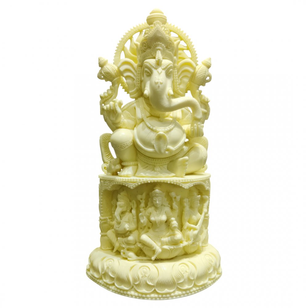 Intricate White Ganesha Statue with Divine Scenes