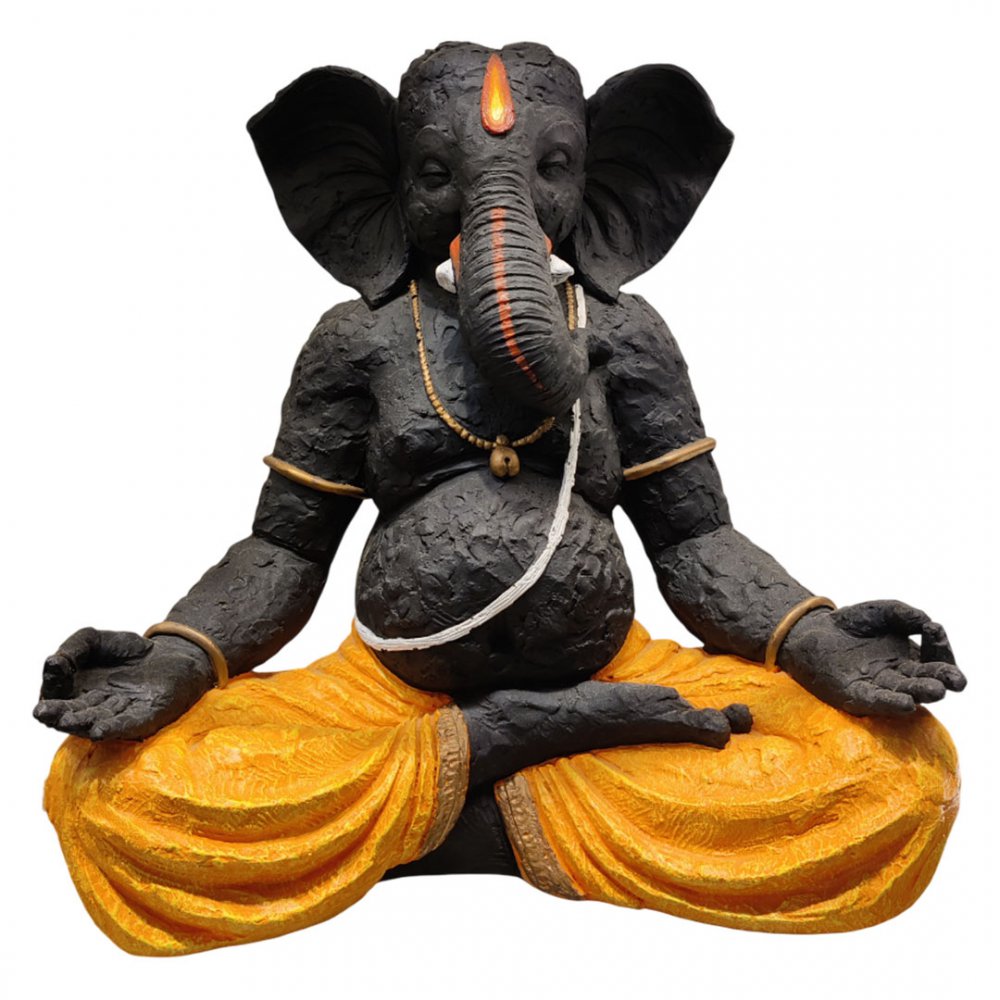 Meditative Clay Ganesha Statue with Orange Dhoti