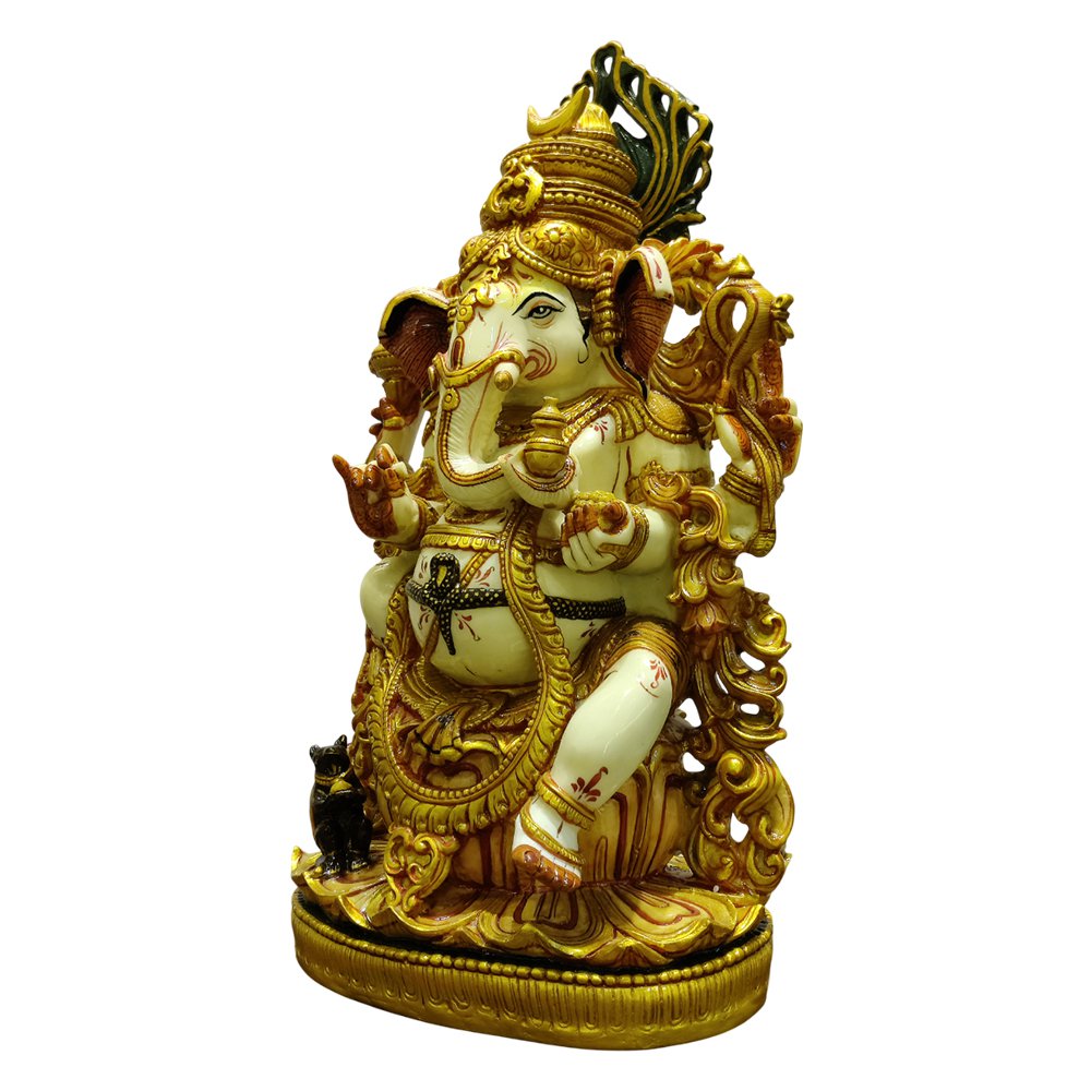 Lord Ganesh Statues Sitting on Lotus Gold Paint in Culture Marble