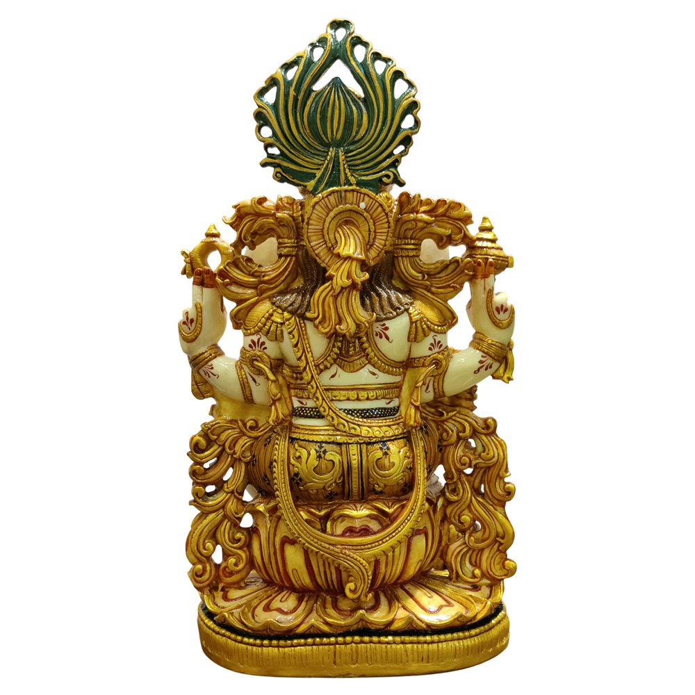 Lord Ganesh Statues Sitting on Lotus Gold Paint in Culture Marble
