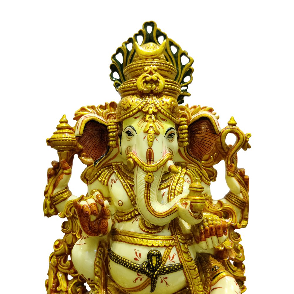 Lord Ganesh Statues Sitting on Lotus Gold Paint in Culture Marble