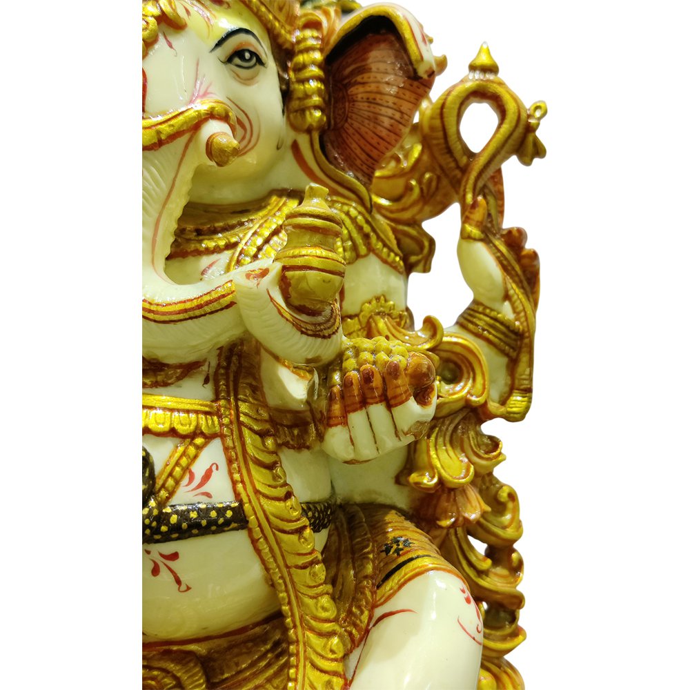 Lord Ganesh Statues Sitting on Lotus Gold Paint in Culture Marble