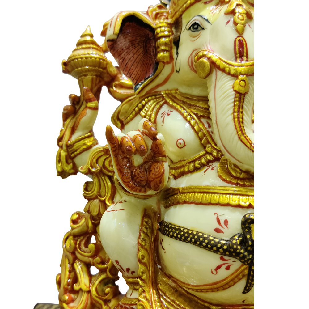 Lord Ganesh Statues Sitting on Lotus Gold Paint in Culture Marble