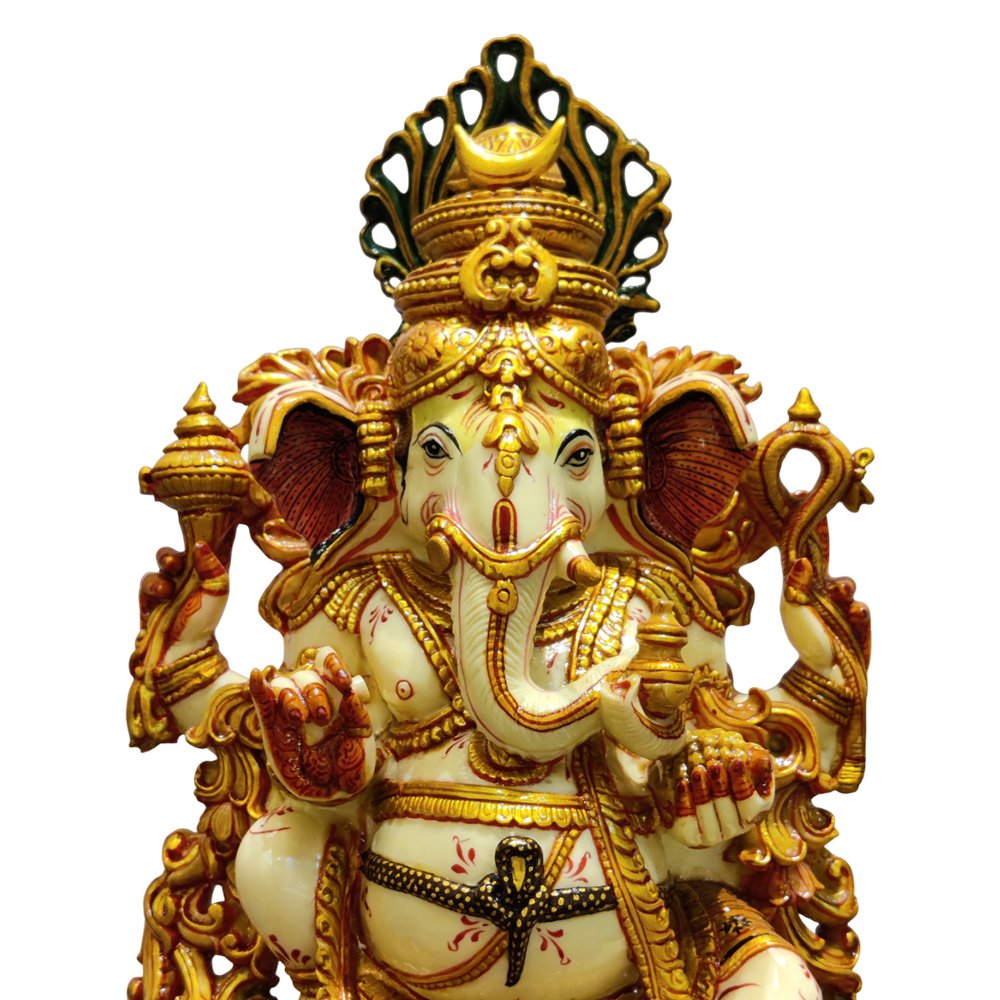 Lord Ganesh Statues Sitting on Lotus Gold Paint in Culture Marble