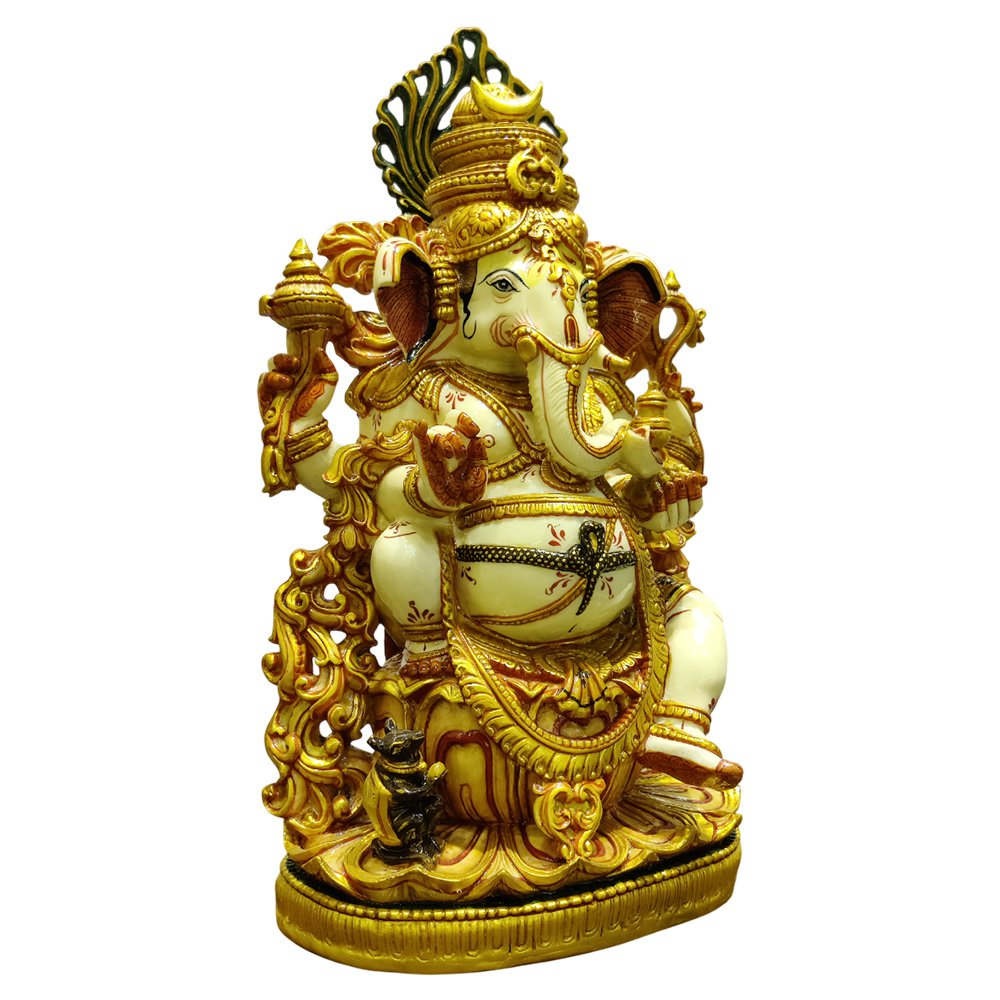 Lord Ganesh Statues Sitting on Lotus Gold Paint in Culture Marble