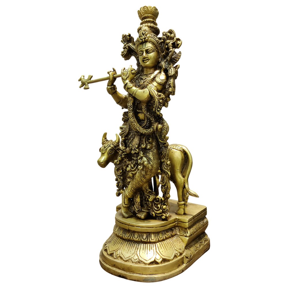 Lord Krishna Playing Flute with Kamdhenu Antique Brass Statue