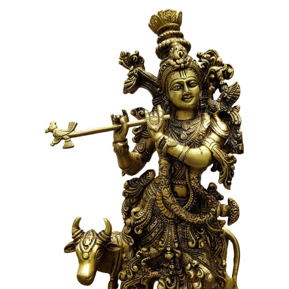 Lord Krishna Playing Flute with Kamdhenu Antique Brass Statue