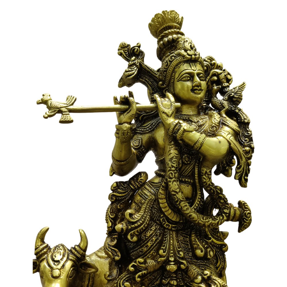 Lord Krishna Playing Flute with Kamdhenu Antique Brass Statue