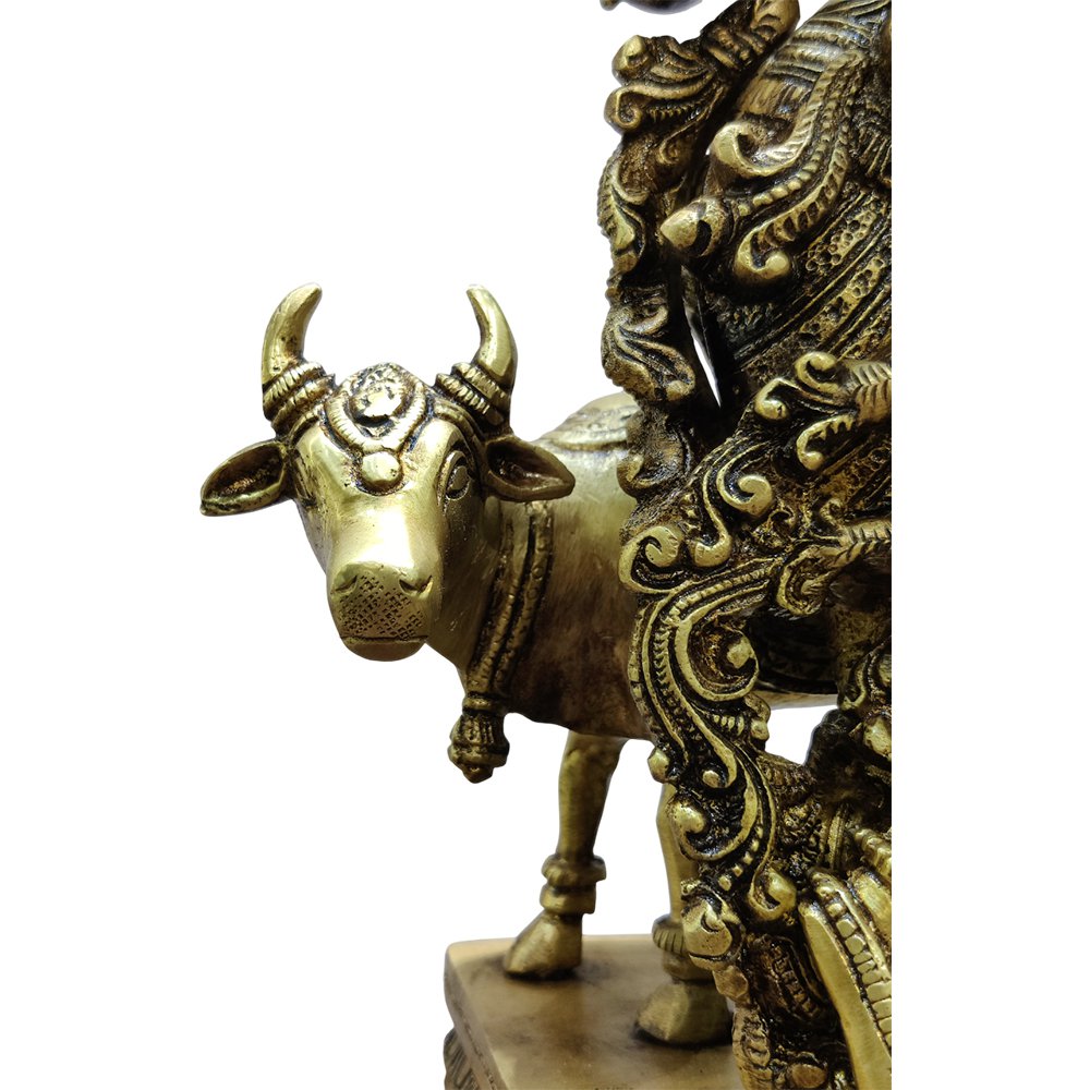 Lord Krishna Playing Flute with Kamdhenu Antique Brass Statue