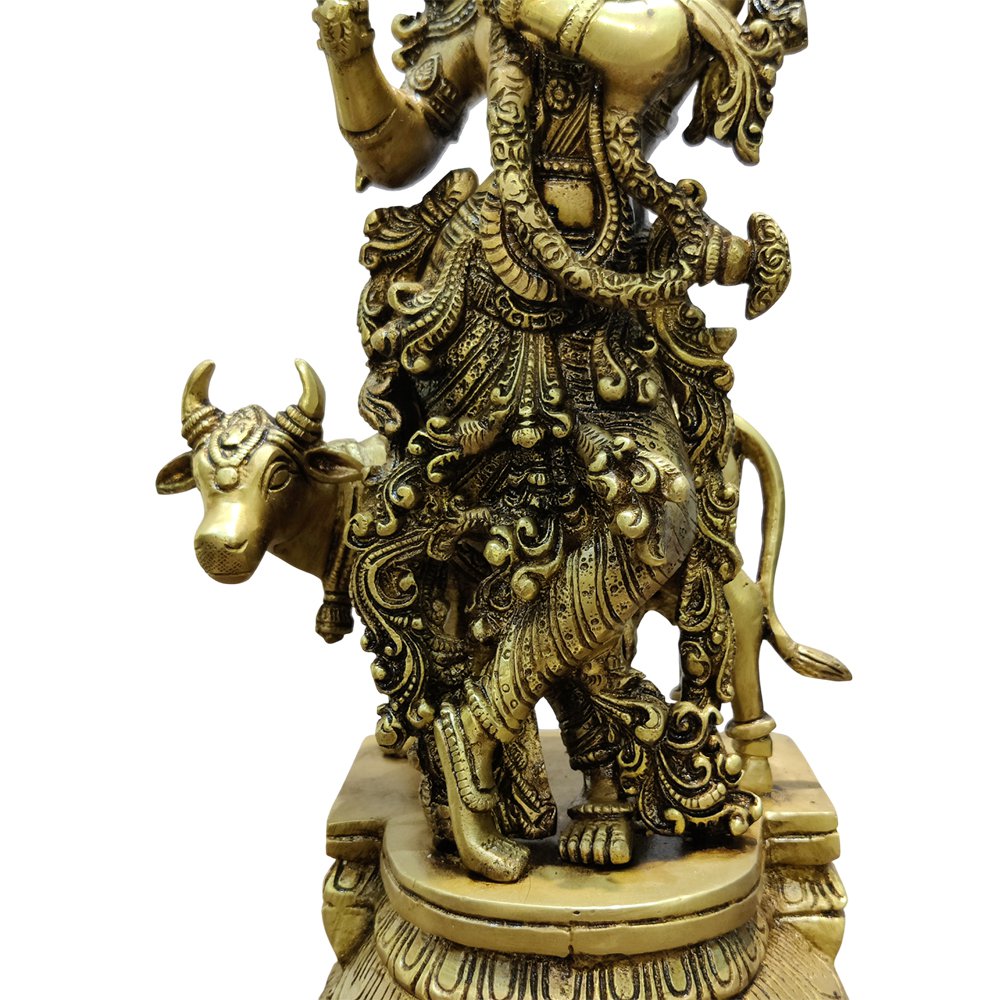 Lord Krishna Playing Flute with Kamdhenu Antique Brass Statue