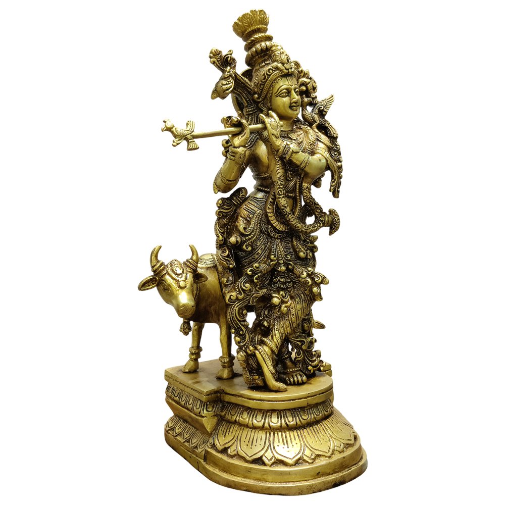 Lord Krishna Playing Flute with Kamdhenu Antique Brass Statue