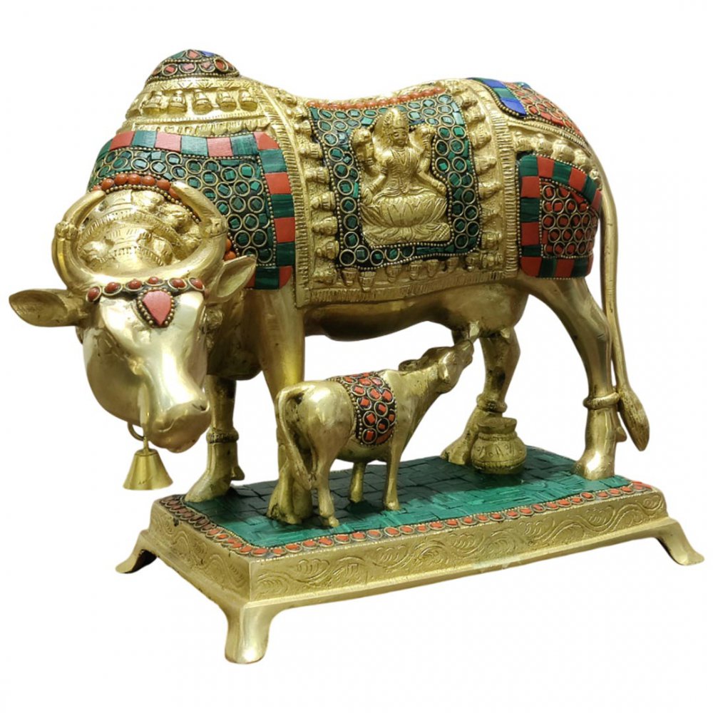 Brass Kamadhenu Cow with Calf Wish-Fulfilling Divine Cow