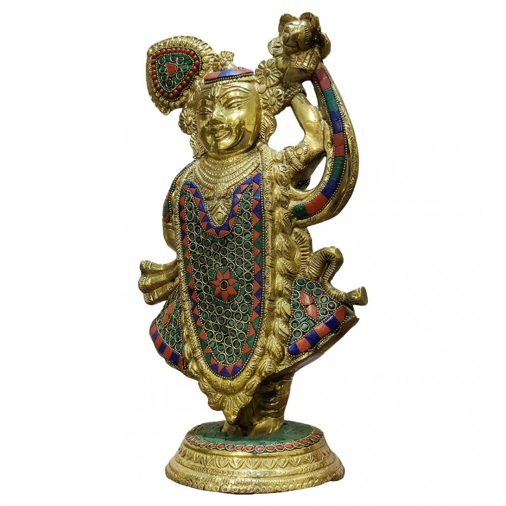 Brass Idol of Lord Krishna as Shrinathji with Stone Inlay