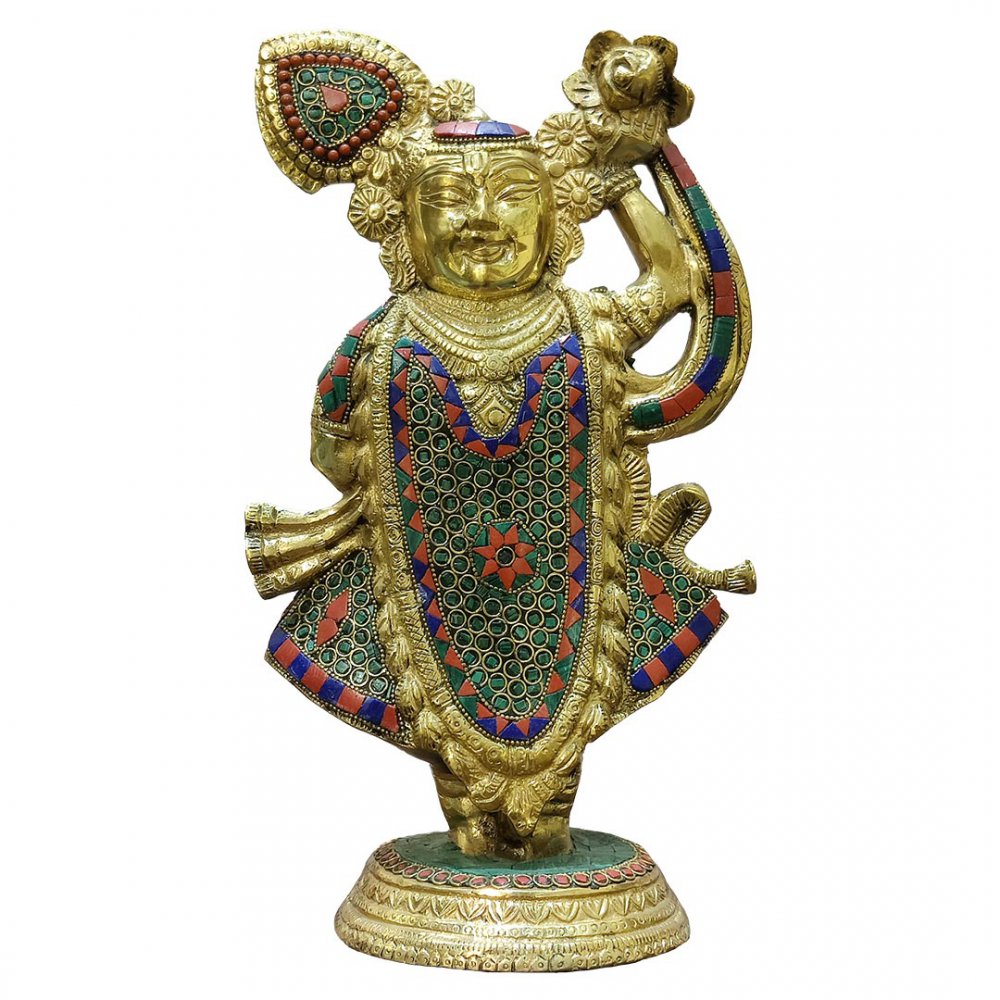 Brass Idol of Lord Krishna as Shrinathji with Stone Inlay