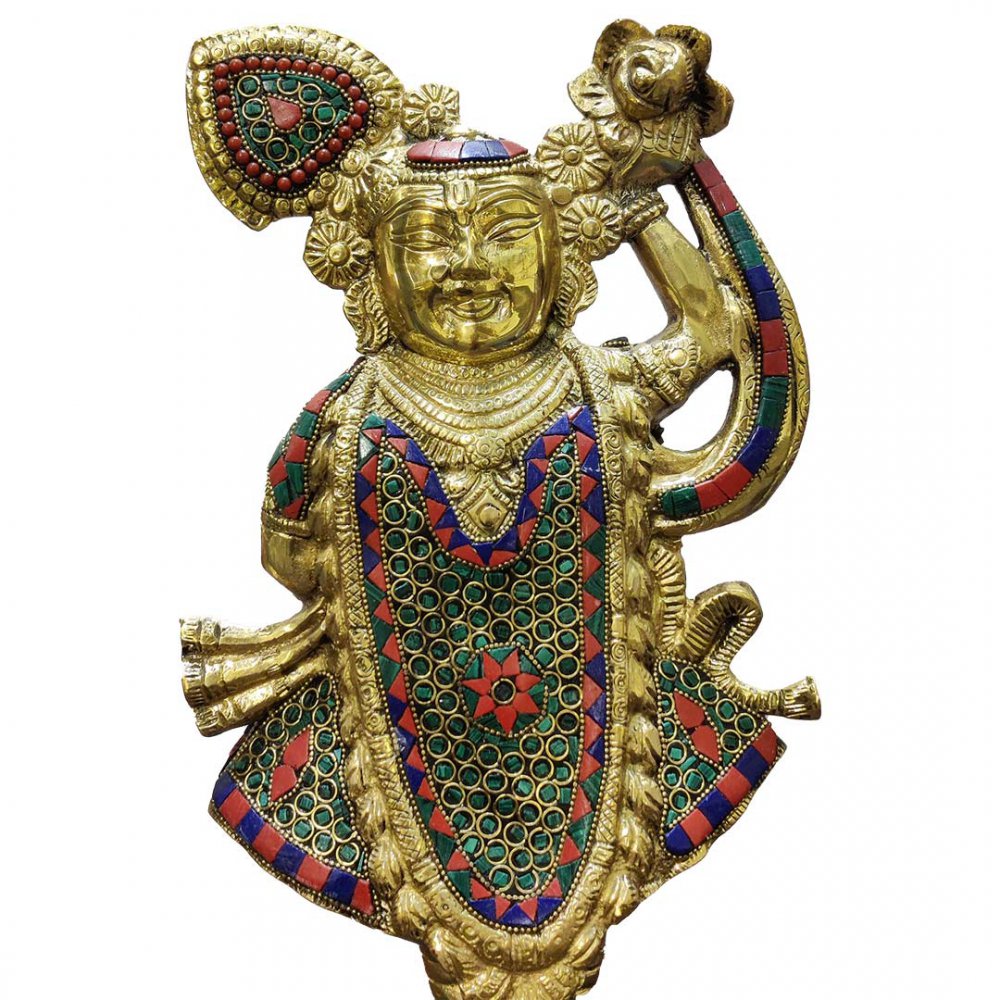 Brass Idol of Lord Krishna as Shrinathji with Stone Inlay