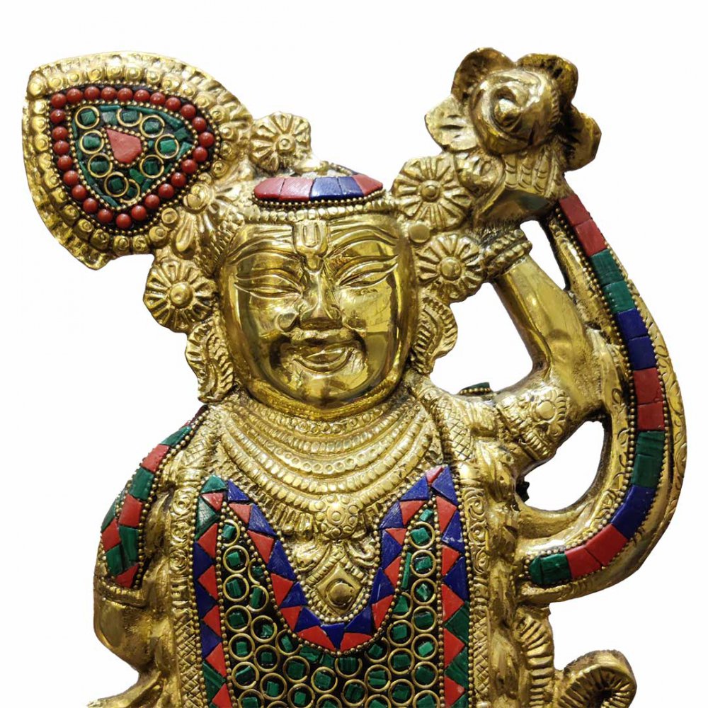 Brass Idol of Lord Krishna as Shrinathji with Stone Inlay