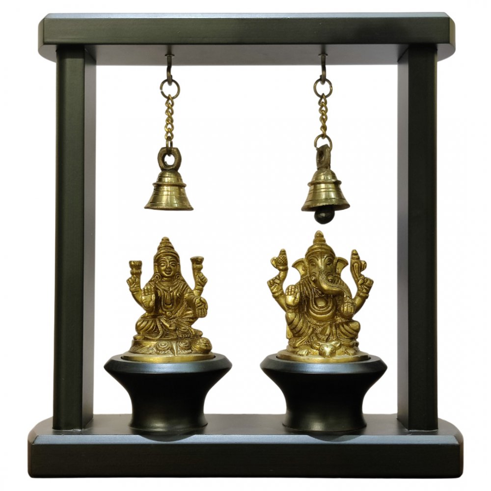 Swinging Lakshmi Ganesha with Bells in Wooden Frame