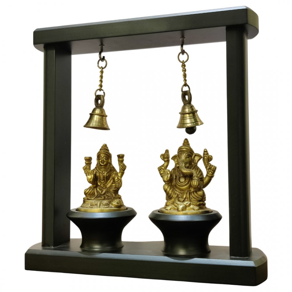 Swinging Lakshmi Ganesha with Bells in Wooden Frame