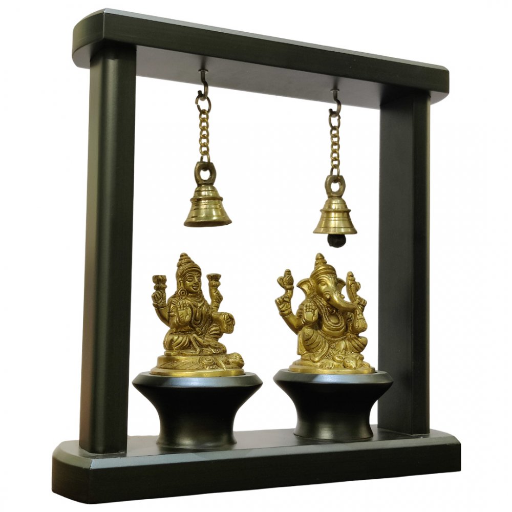Swinging Lakshmi Ganesha with Bells in Wooden Frame