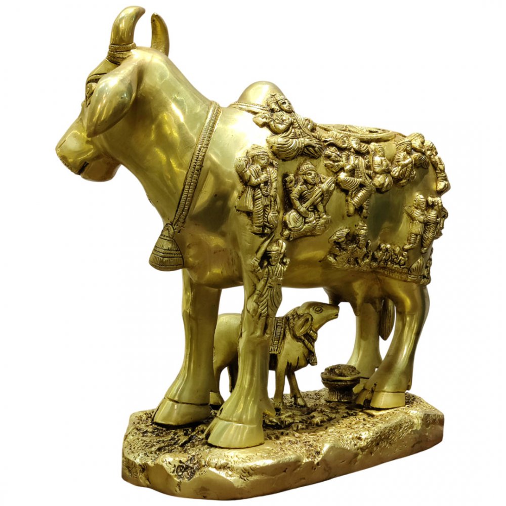 Brass Kamdhenu Cow and Calf Idol with Deities Sacred Vastu Showpiece