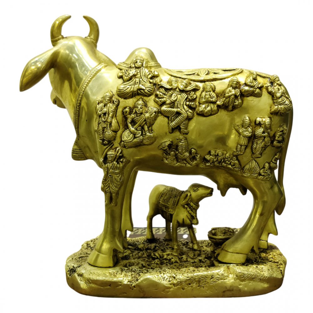 Brass Kamdhenu Cow and Calf Idol with Deities Sacred Vastu Showpiece