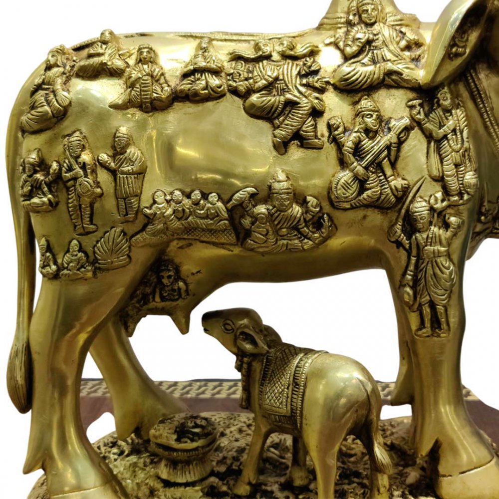 Brass Kamdhenu Cow and Calf Idol with Deities Sacred Vastu Showpiece