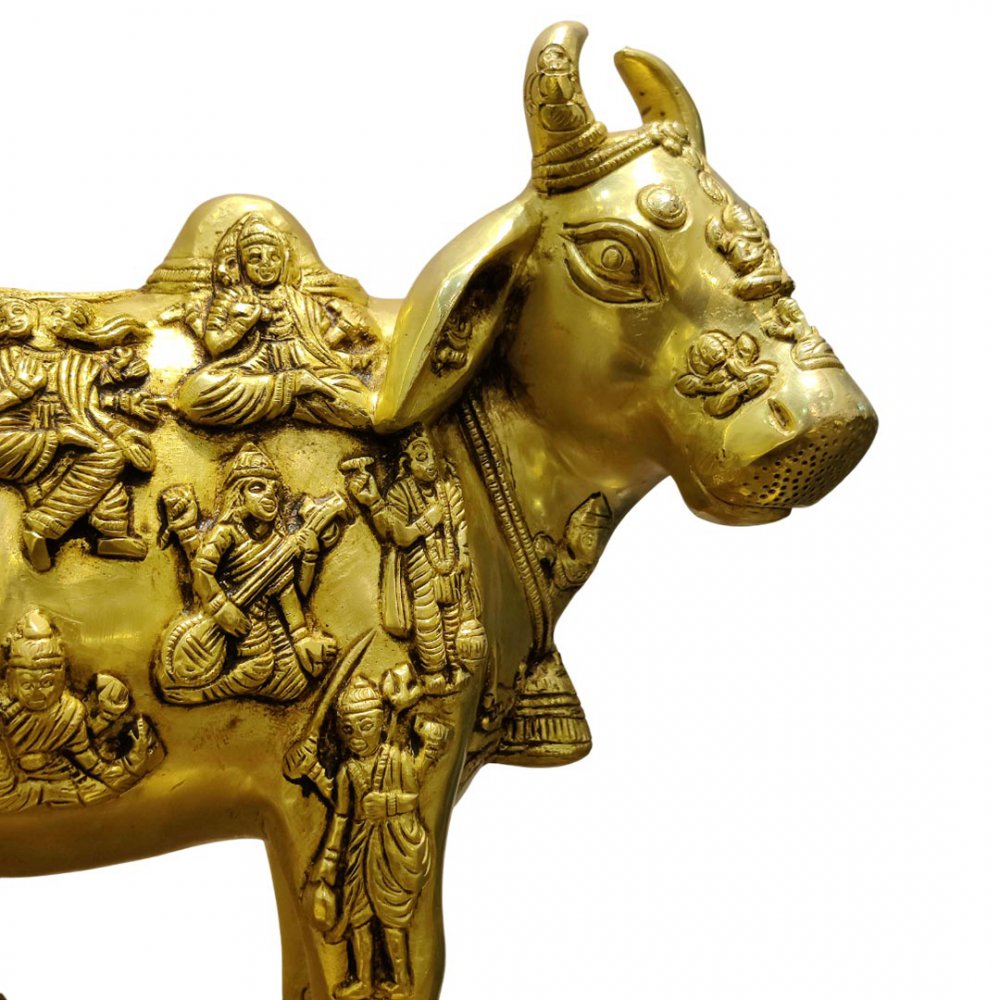 Brass Kamdhenu Cow and Calf Idol with Deities Sacred Vastu Showpiece