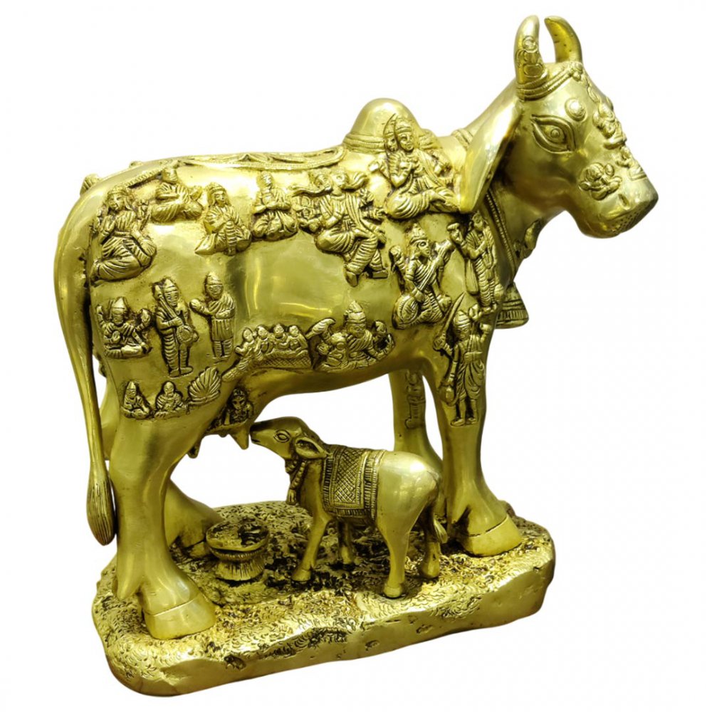 Brass Kamdhenu Cow and Calf Idol with Deities Sacred Vastu Showpiece