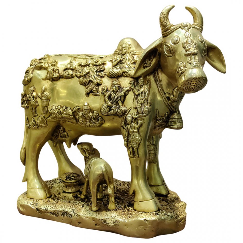 Brass Kamdhenu Cow and Calf Idol with Deities Sacred Vastu Showpiece