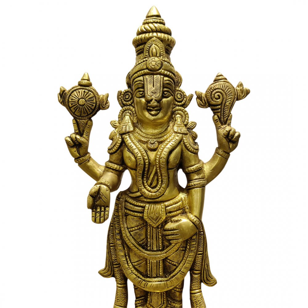 Divine Lord Vishnu Brass Idol Four Armed Shankh Chakra Murti for Home Temple