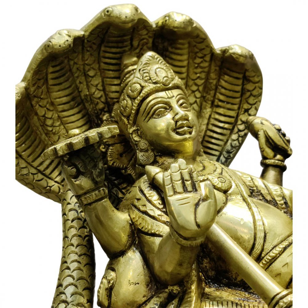 Brass Vishnu Lakshmi Idol on Sheshnag with Chowki Divine Lakshmi Narayan Statue for Home Temple Decor