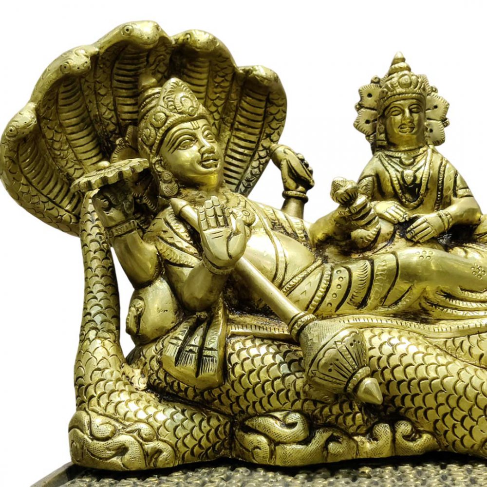 Brass Vishnu Lakshmi Idol on Sheshnag with Chowki Divine Lakshmi Narayan Statue for Home Temple Decor