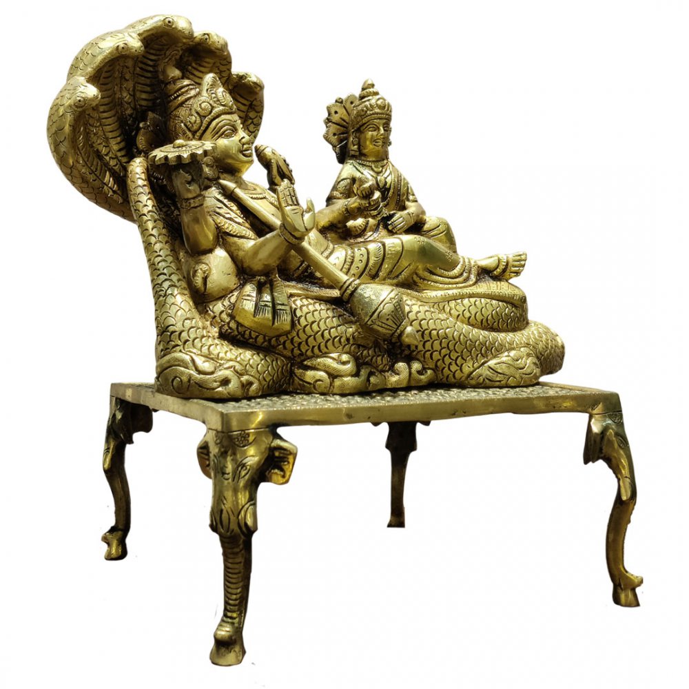Brass Vishnu Lakshmi Idol on Sheshnag with Chowki Divine Lakshmi Narayan Statue for Home Temple Decor