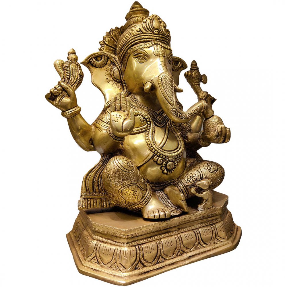 Large Seated Brass Ganesha with Mouse