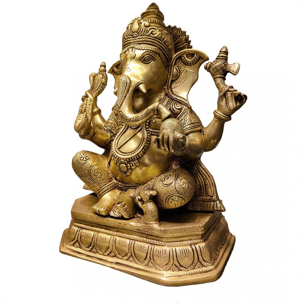 Large Seated Brass Ganesha with Mouse
