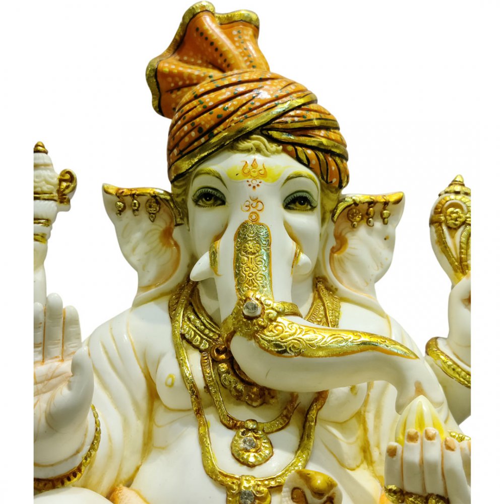 Elegant White Ganesha Statue with Golden Accents and Turban