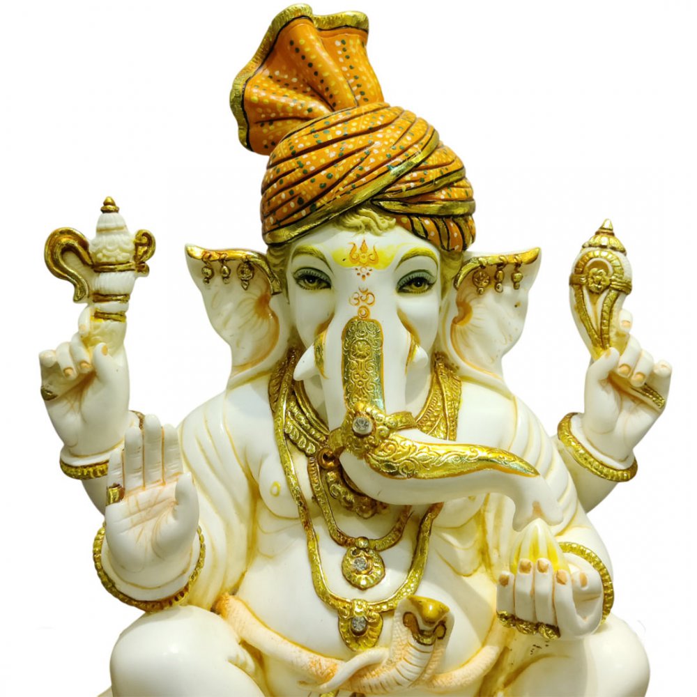 Elegant White Ganesha Statue with Golden Accents and Turban