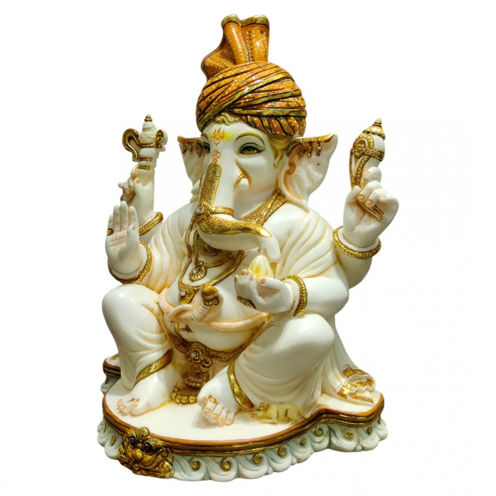 Elegant White Ganesha Statue with Golden Accents and Turban