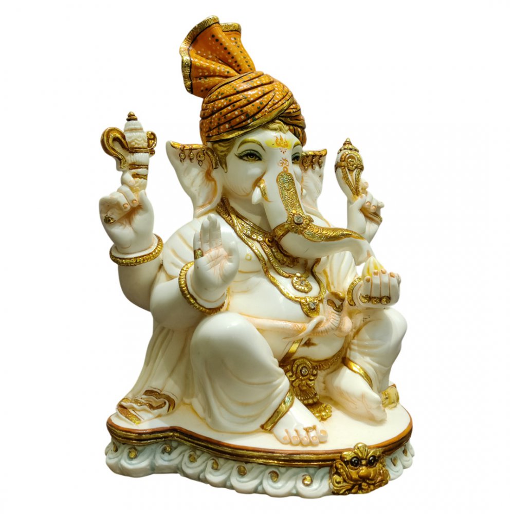 Elegant White Ganesha Statue with Golden Accents and Turban