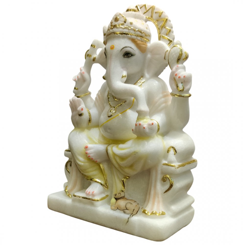 Radiant White Marble Ganesha with Golden Crown