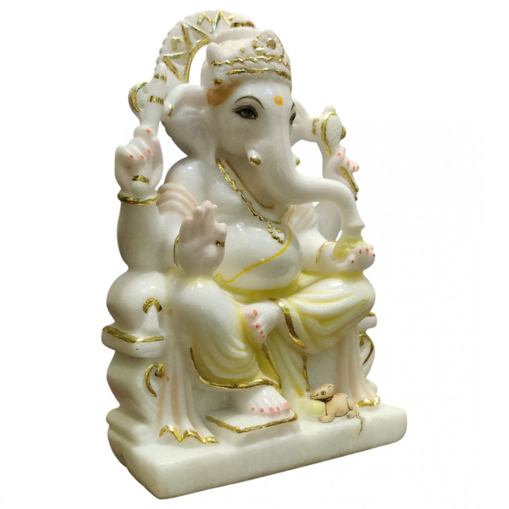 Radiant White Marble Ganesha with Golden Crown